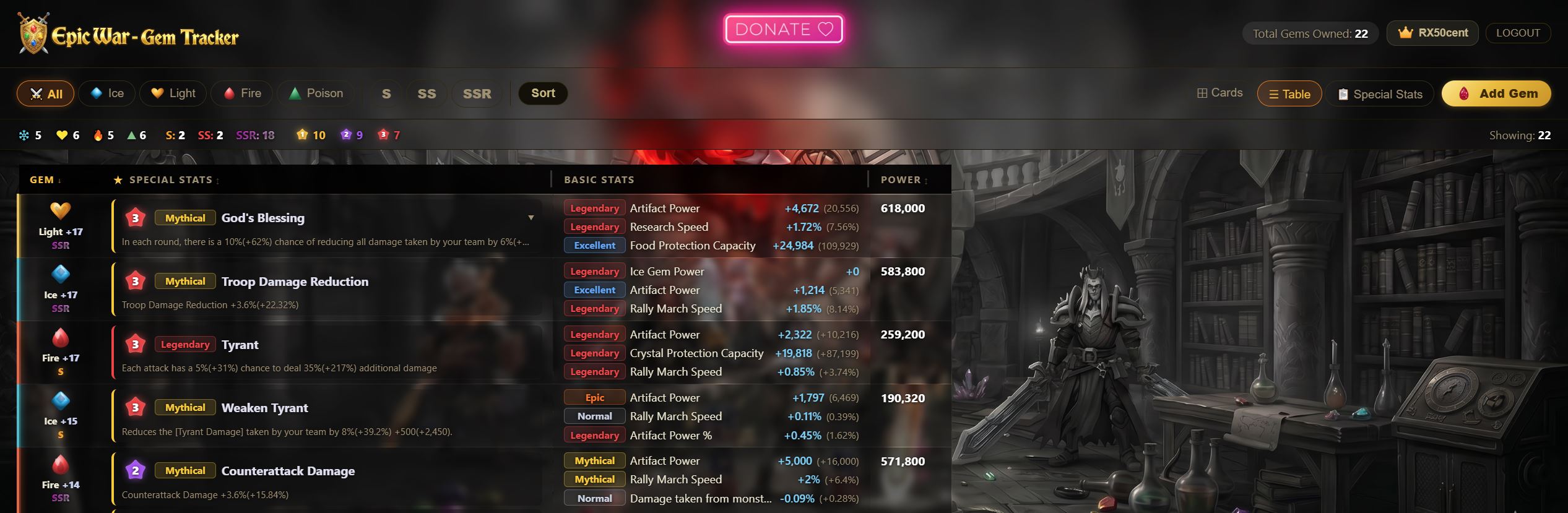 Epic War Gem Tracker: sortable table of in-game gems showing rarity, special stats and power
