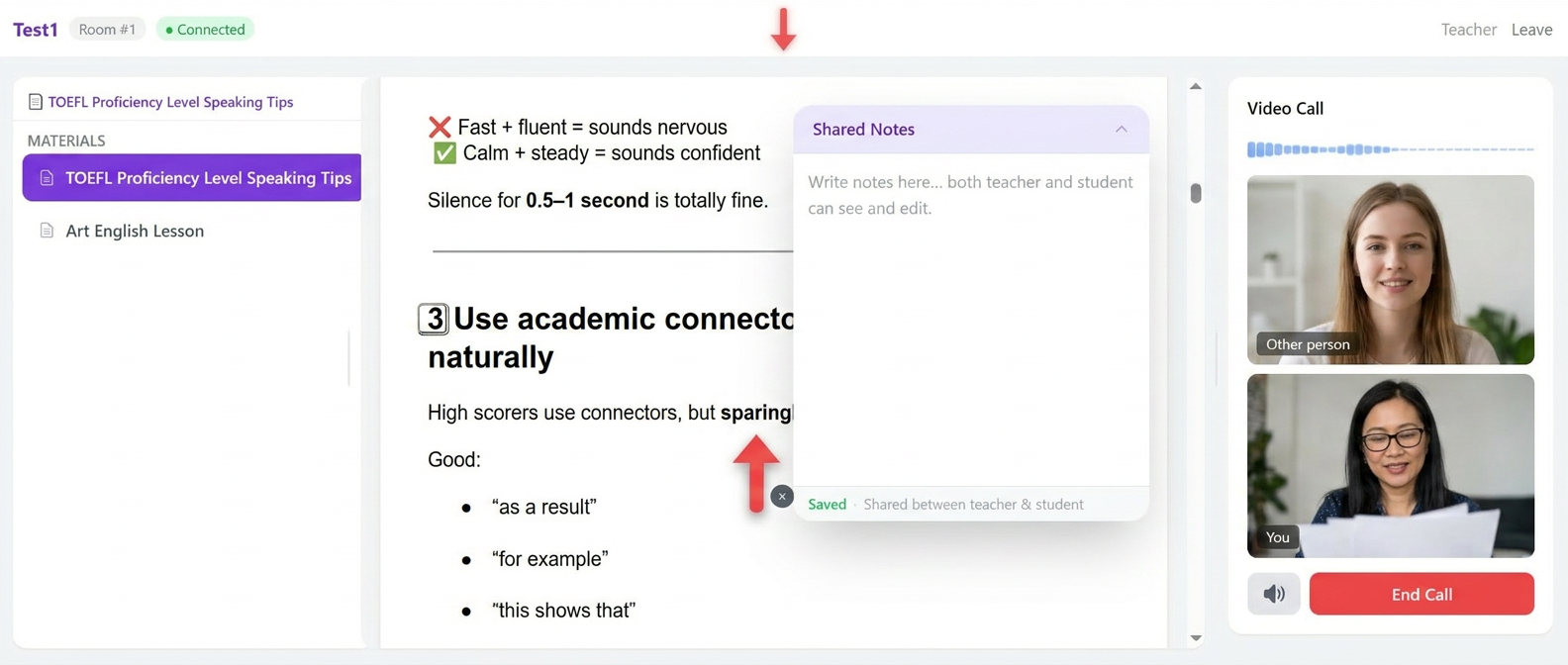 LunaBee online English lesson: live video call between teacher and student with shared lesson notes and materials
