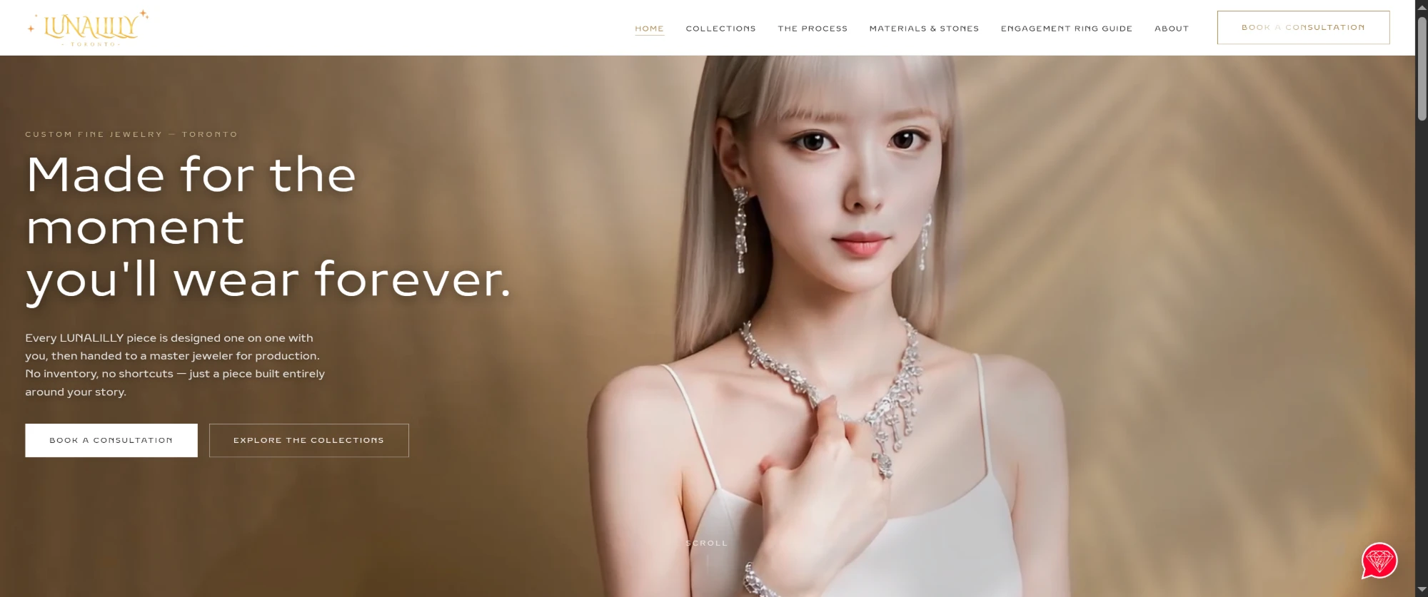LUNALILLY custom fine jewelry website — homepage hero reading 'Made for the moment you'll wear forever'