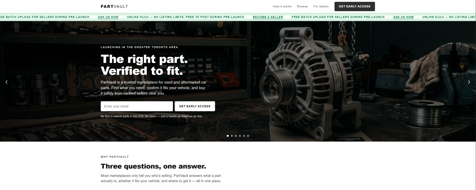 PartVault landing page: a marketplace for used and aftermarket car parts, verified to fit, launching in the GTA